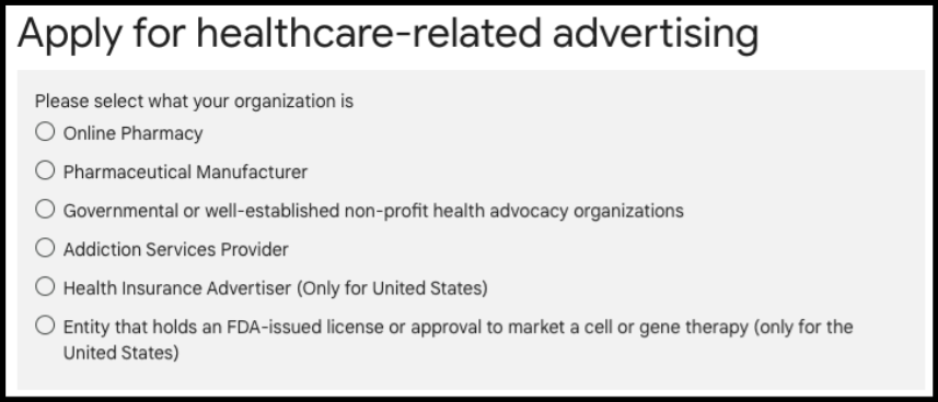 Apply for healthcare-related advertising
