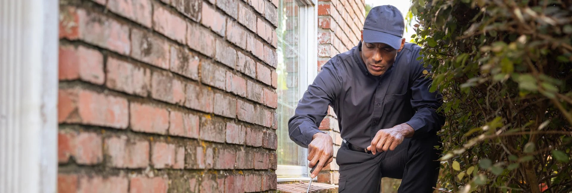 An Arrow Exterminating technician inspecting the foundation of a home