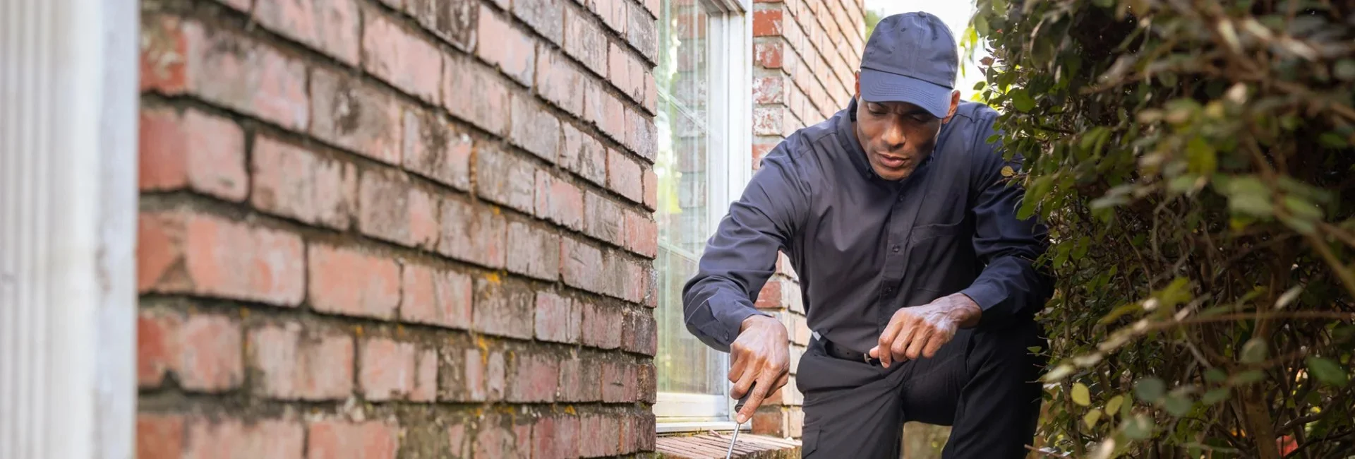 An Arrow Exterminating technician inspecting the foundation of a home