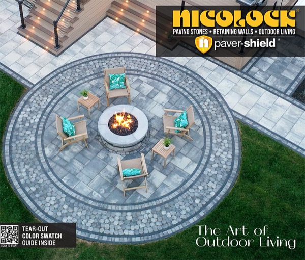 The cover of Nicolock's current paving stone catalog, an aerial view of a circular paver patio around a lit fire pit