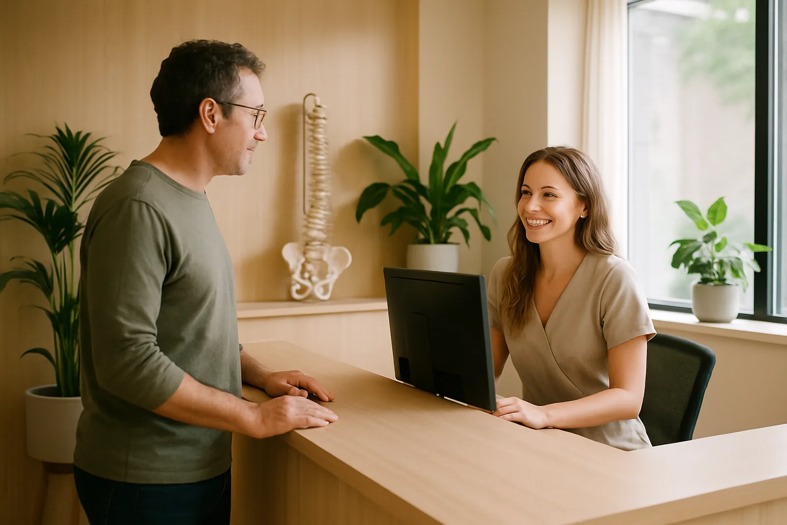 A patient checking in at a chiropractic clinic reception desk