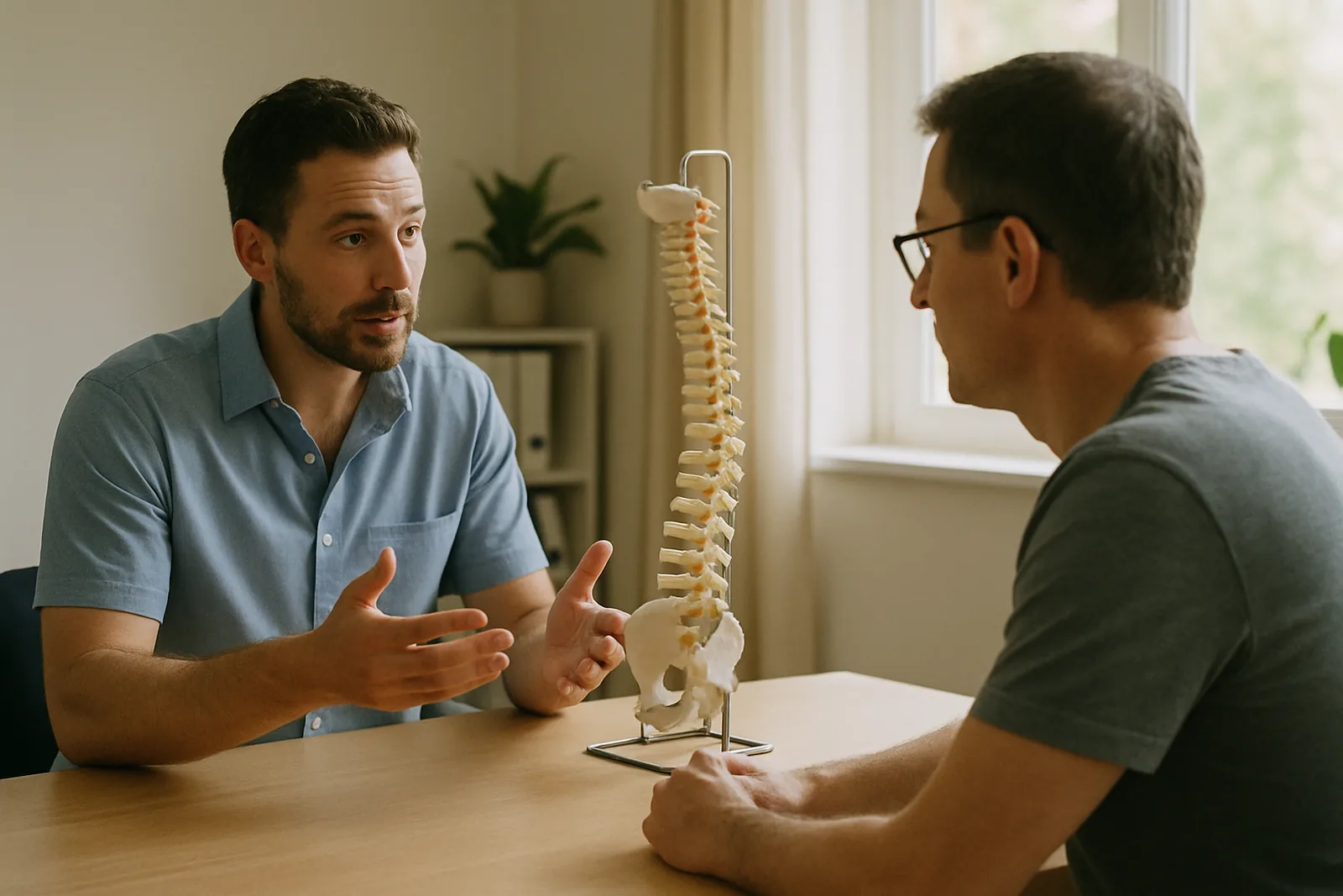 A chiropractor explaining a care plan to a patient at a desk