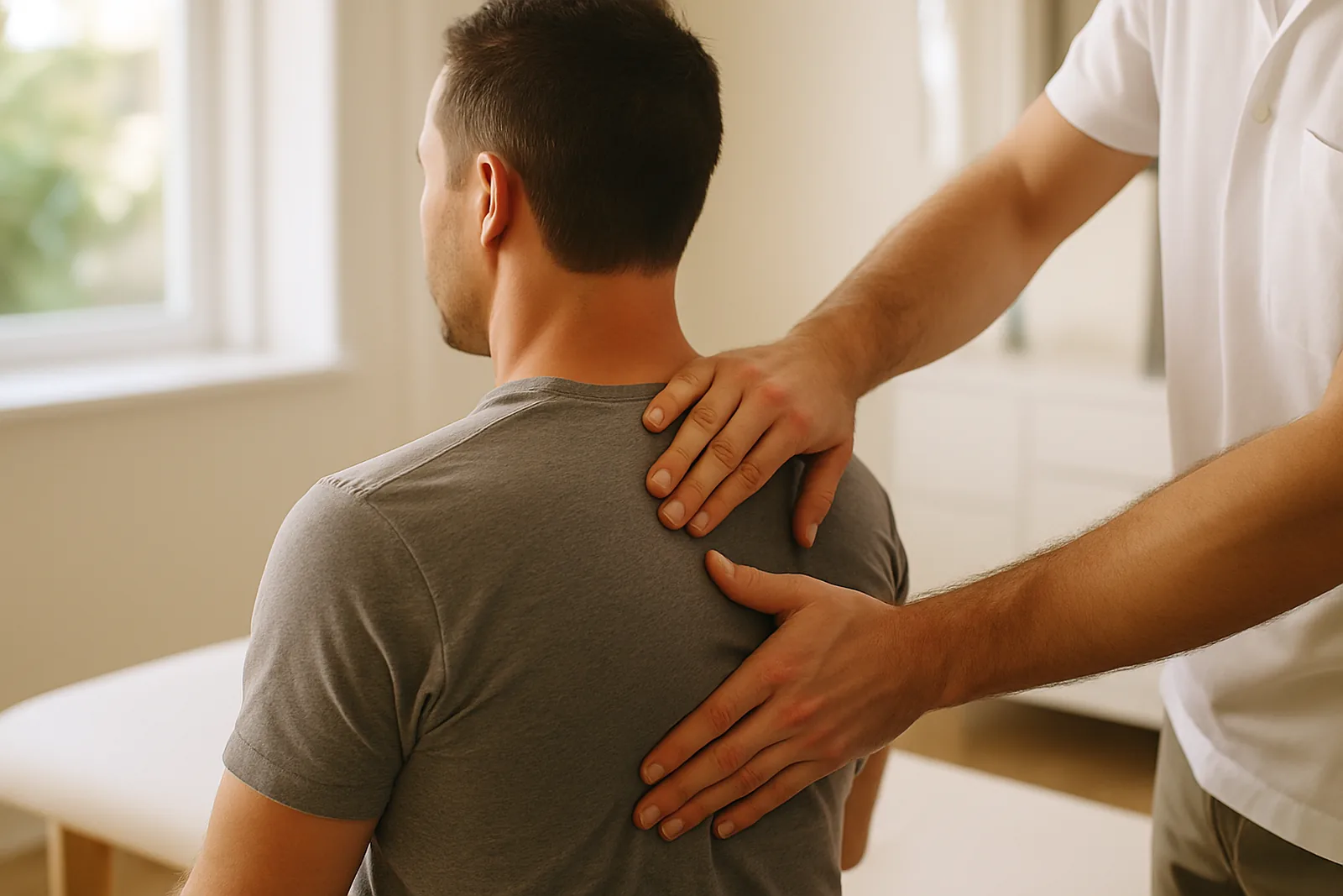 A chiropractor working on a seated patient's upper back