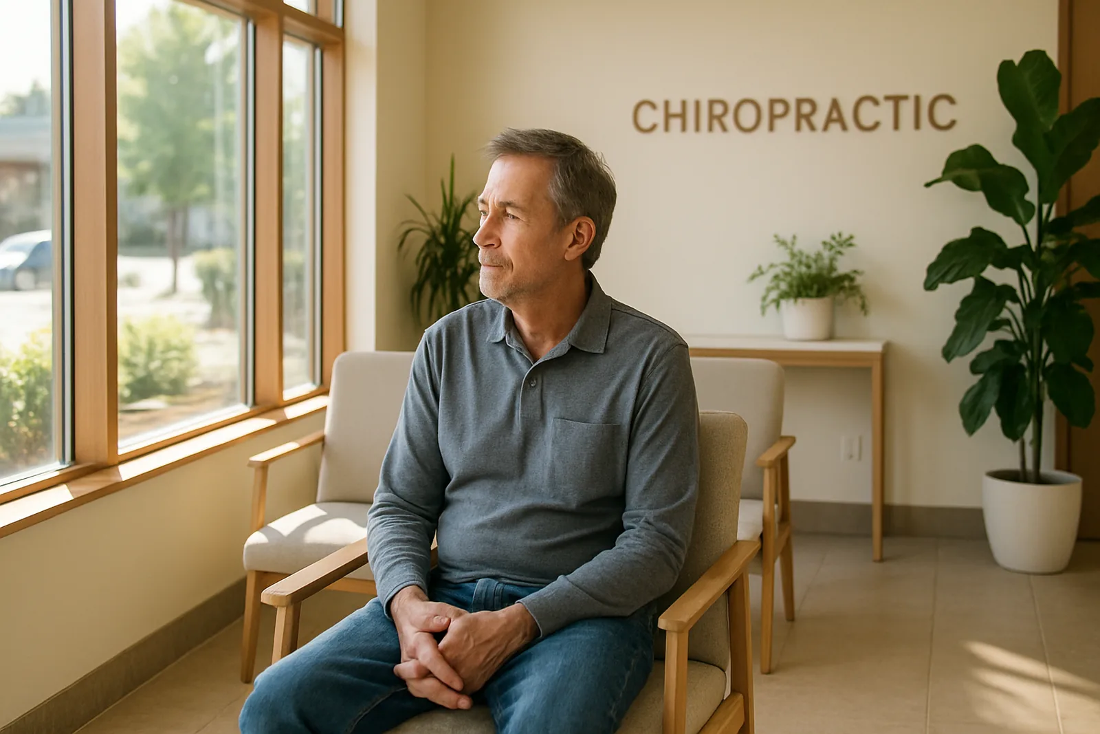 A patient waiting in a chiropractic clinic waiting room