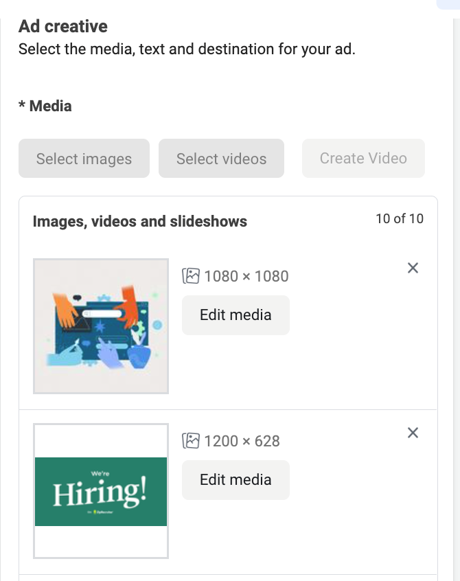 Select media, text, and destination for ads.