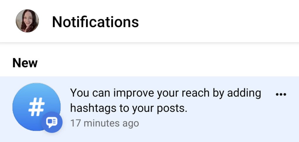 Facebook notification about hashtags